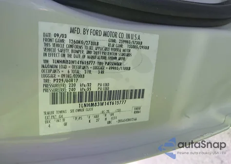 2004 Lincoln Town Car Ultimate z USA, uszkodzony, nr VIN 1LNHM83W14Y615777